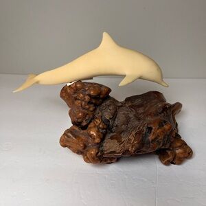 John Perry Cream Resin Dolphin Sculpture Ocean Wave Burl Wood With Tag Vintage‎